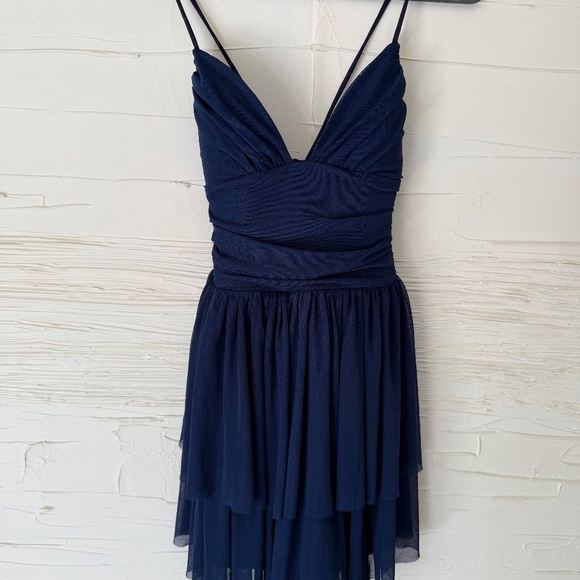 Harala Backless Lace-Up Mesh Layered Mini Dress | Deep Sapphire | Size S - Picture 5 of 10